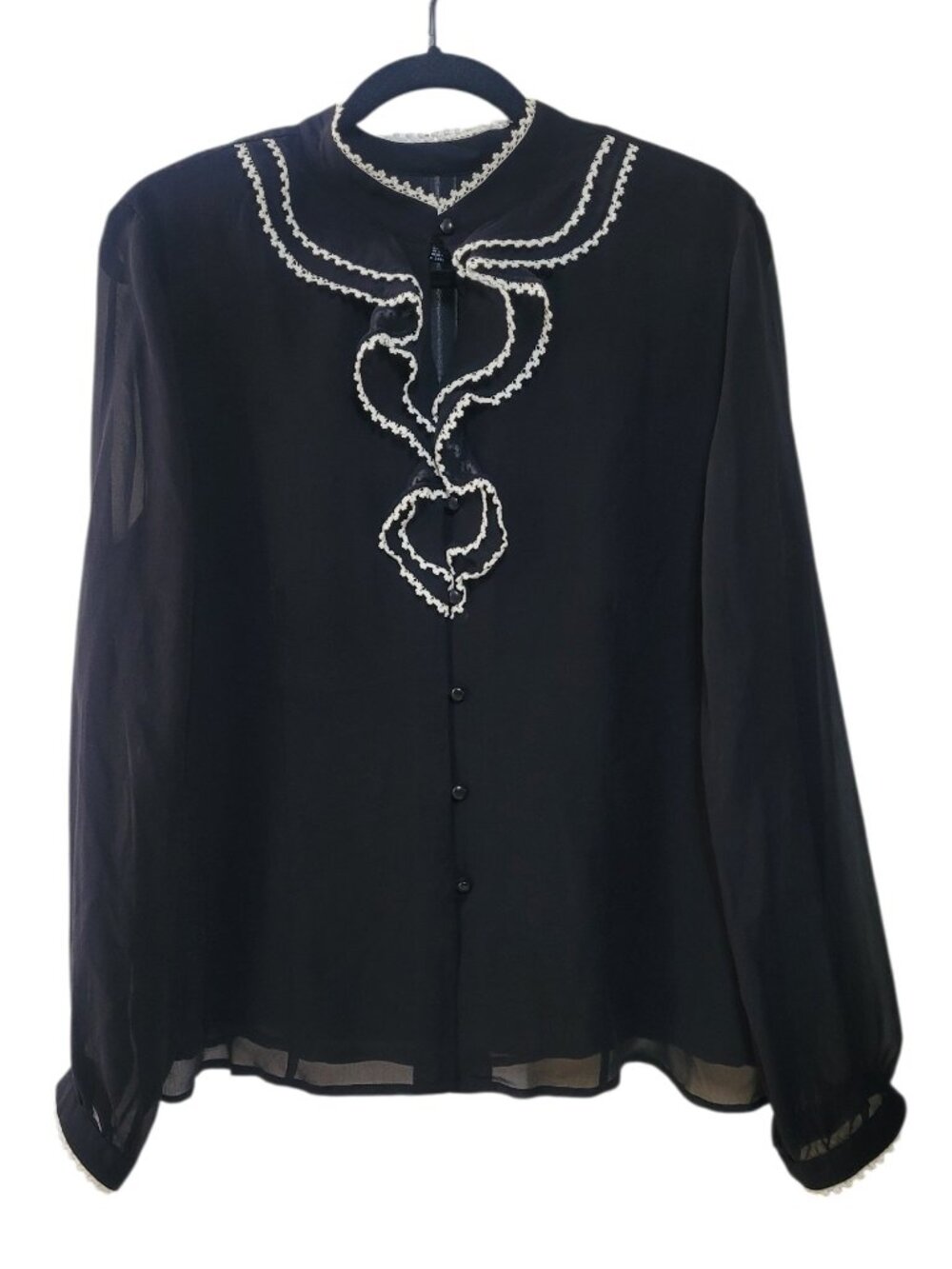 Bob Mackie Wearable Art Black Sheer Blouse White Ric Rac Trim Ruffle Top Size 14